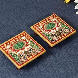 HANDICRAFTS PARADISE White & Red 2 Pieces Peacock-designed Marble Square Pooja Chowkie-33