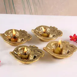 HANDICRAFTS PARADISE Gold Toned 4 Pcs Om Designed Antique Metal Pooja Diyas-image-18
