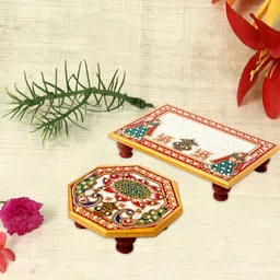 HANDICRAFTS PARADISE White & Green 2 Pieces Marble Rectangle & Octagonal Pooja Chowkis-19