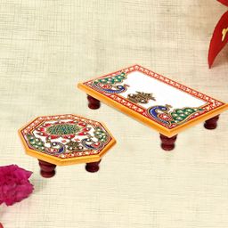 HANDICRAFTS PARADISE White & Green 2 Pieces Peacock Design Marble Pooja Chowkies-55