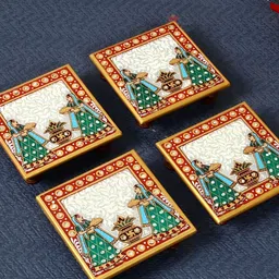 HANDICRAFTS PARADISE White & Green 4 Pieces Kalash Design Marble Pooja Chowkies-image-87