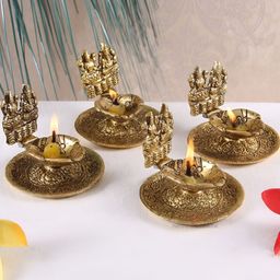 HANDICRAFTS PARADISE Gold Toned 4 Pcs Lakshmi Ganesh Hand Diyas-image-26