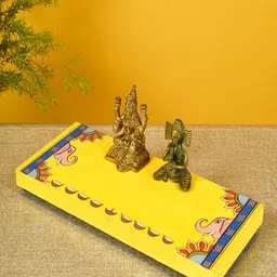 AAKRITI ART CREATIONS Yellow & Blue Laxmi Ganesh Puja Chowki Shelf-image-11