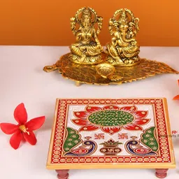 HANDICRAFTS PARADISE White & Red Peacock Designed Marble Pooja Chowkie-image-79