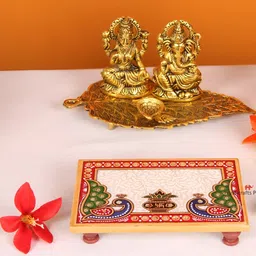 HANDICRAFTS PARADISE White & Red Peacock Designed Marble Pooja Chowki-image-22
