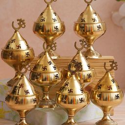 eCraftIndia 8 Pieces Beige Om & Swastik Symbol Decorative Akhand Diyas-image-42