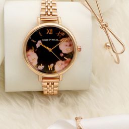 JOKER & WITCH Women Rose Gold-Toned & Black Floral Love Triangle Watch Gift Set JWLT347-image-91