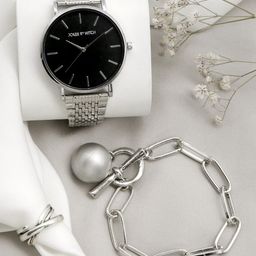 JOKER & WITCH Women Silver-Toned & Black Malena Love Triangle Watch Gift Set JWLT302-image-48