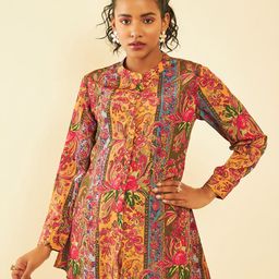 Soch Mustard & Red Floral Printed Mandarin Collar Tunic-5