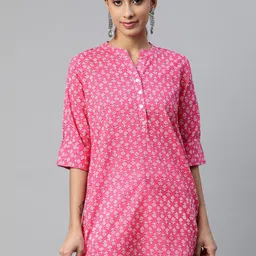 IRIDAA JAIPUR Pink & White Mandarin Collar Printed Tunic-image-98