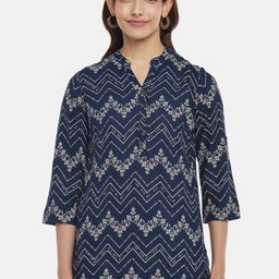 AKKRITI BY PANTALOONS Blue & White Viscose Rayon Mandarin Collar Printed Tunic-picture-21