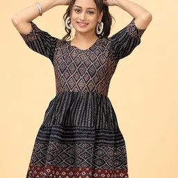 Kesudi Ethnic Motifs Printed Puff Sleeves Gathered Detail Cotton Fit & Flare Mini Dress-image-9
