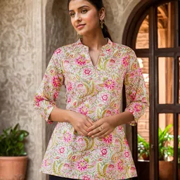 Soch Floral Printed Band Collar Cotton Tunic-18