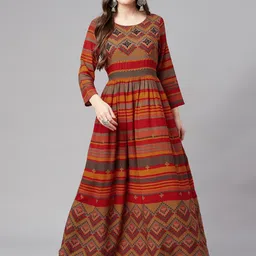 Nehamta Red & Mustard Yellow Ethnic Motifs Printed Maxi Dress-8