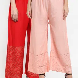 Miaz Lifestyle Women Peach-Coloured & Red Pack Of 2 Flared Knitted Ethnic Palazzos-picture-6