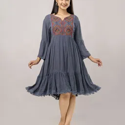 Aawari Embroidered Flared Sleeve A-Line Dress-image-5