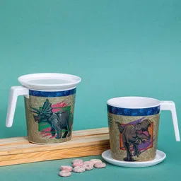 Servewell Blue & White 4 Pieces Dishwasher Safe Printed Glossy Mugs With Coasters 320 ml-15