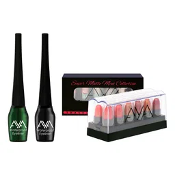AYA Set of 2 Waterproof Eyeliner & Set of 12 Mini Super Matte Lipstick - Black & Green-19
