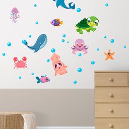 RANGOLI Blue & Orange Cute Aquarium Animals Wall Stickers-12