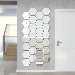 Wall1ders Silver-Toned 28 Pcs Hexagon 3D Mirror Wall Stickers-56