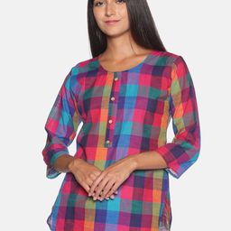 SAHORA Pink & Green Checked Pure Cotton Tunic-image-65