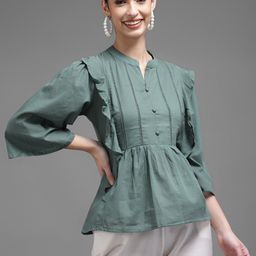 KALINI Women Olive Green Mandarin Collar Cotton Tunic-image-13