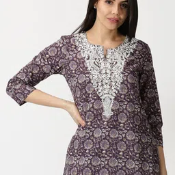 Saffron Threads Floral Printed Chikankari Pure Cotton Kurti-45