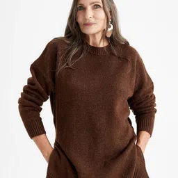 DeFacto Women Brown Solid Longline Acrylic Pullover Sweater-image-5