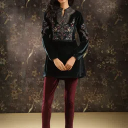 Lakshita Mandarin Collar Embroidered Velvet Kurti-image-65
