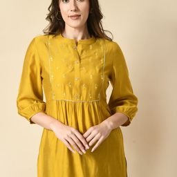 MEESAN Ethnic Motifs Embroidered Mandarin Collar Mirror Work Straight Kurti-9