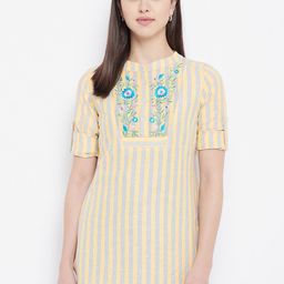 Ruhaans Yellow & Grey Striped Embroidered Cotton Tunic-image-48