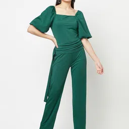 iki chic Green Puff Sleeves Wide Leg Waisted Jumpsuit-image-60
