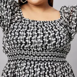 Antheaa Curve Plus Size Geometric Printed Puff Sleeves Fit & Flared Midi Dress image 2