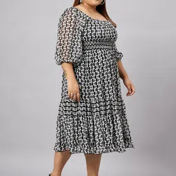 Antheaa Curve Plus Size Geometric Printed Puff Sleeves Fit & Flared Midi Dress image 3