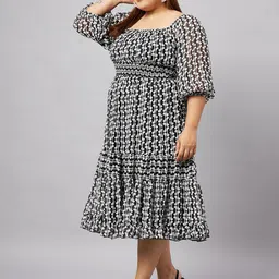 Antheaa Curve Plus Size Geometric Printed Puff Sleeves Fit & Flared Midi Dress image 4