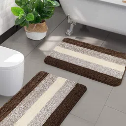 Saral Home Set Of 2 Brown & Beige Striped Soft Microfiber Anti-Skid Bath Rugs-91