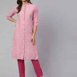Jaipur Kurti Pink & White Checked Thread Work Kurta with Trousers-12