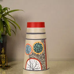 AAKRITI ART CREATIONS Redwood Groove Grey & Red Printed Terracotta Pyramid Vase-image-93