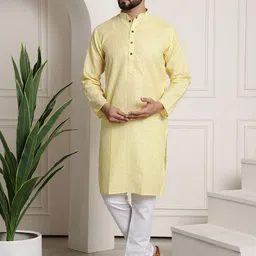 SOJANYA Men Yellow & White Woven Design Kurta with Churidar-34