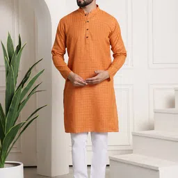SOJANYA Men Orange & White Woven Design Kurta with Churidar-image-77