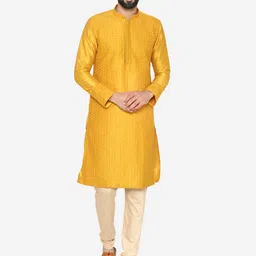 Manyavar Men Yellow & Beige Self Design Kurta with Churidar-picture-52