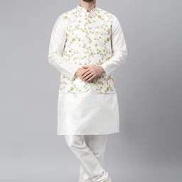 Hangup Men White & Gold-Coloured Regular Dupion Silk Kurta with Churidar & Nehru Jacket-picture-57