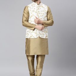 Hangup Men Khaki Regular Dupion Silk Kurta with Churidar & Nehru Jacket-34