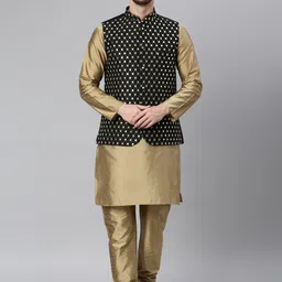 Hangup Men Khaki & Black Mirror Work Dupion Silk Kurta with Churidar & Nehru Jacket-14