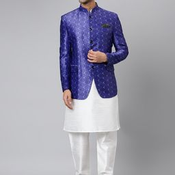 Hangup Men White Layered Dupion Silk Kurta Churidar With Nehru Jacket-22