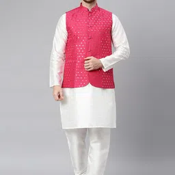 Hangup Men White Layered Dupion Silk Kurta Churidar With Nehru Jacket-image-6