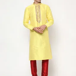 LAGAAV Men Yellow Solid Raw Silk Kurta with Churidar-picture-21