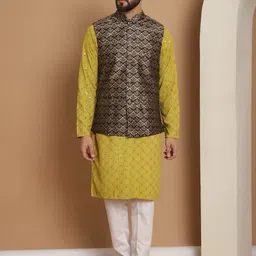 Anouk Green Ethnic Motifs Woven Design Straight Kurta With Churidar & Nehru Jacket-87