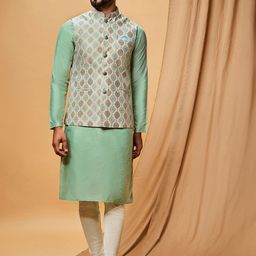 KISAH Mandarin Collar Long Sleeves Kurta With Churidar & Nehru Jacket-image-7