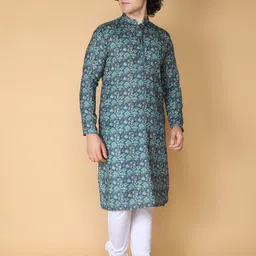 NAMASKAR Men Navy Blue Floral Printed Regular Kurta with Churidar-picture-25